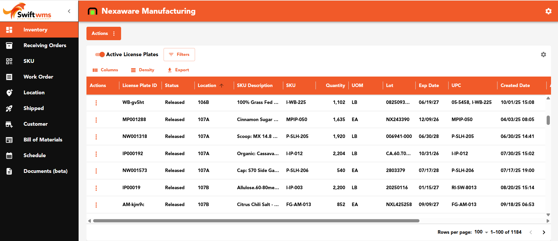 Swift WMS Inventory Tracking interface with lot traceability and location management