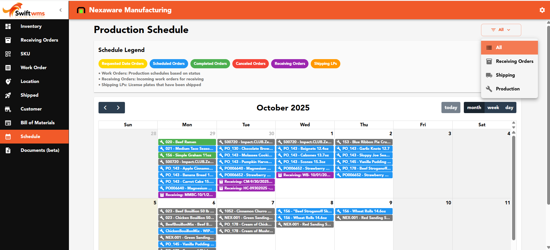 Swift WMS Production Schedule calendar interface showing work order management
