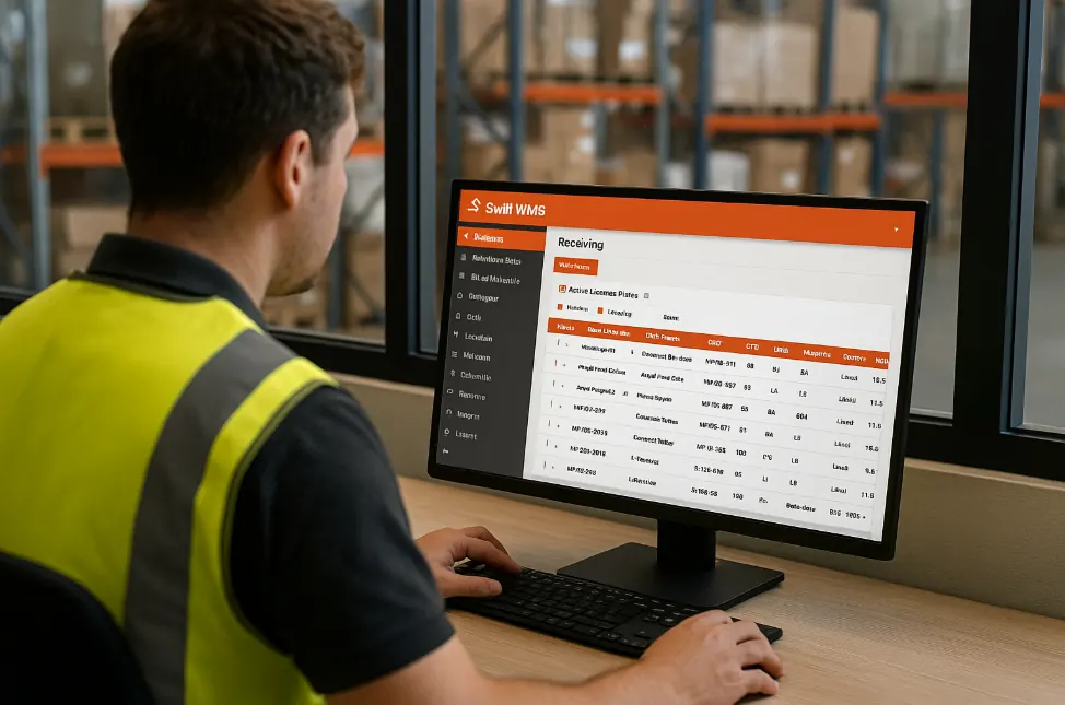 Warehouse worker using SwiftWMS receiving module on tablet